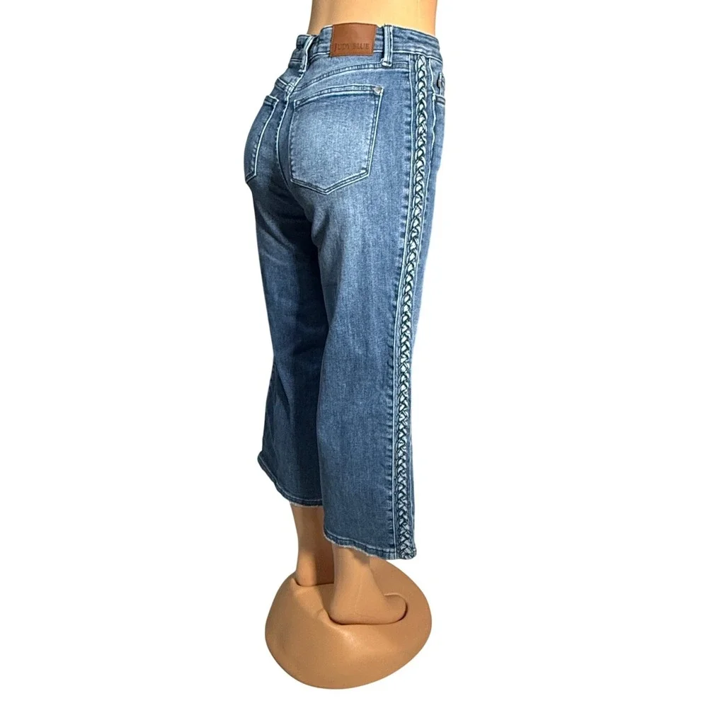 Judy Blue Wide Leg Jeans Womens 5/27 Blue Excellent Braided Side Seam Stretch